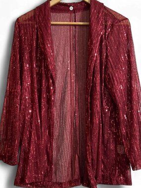 Y2K Burgundy Sequin Cardigan Blazer Open Front Sparkly Party Jacket